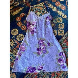 Y2K Vintage Purple Satin Negligee with lace Plunge Neck Spaghetti Strap Sz S